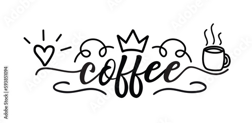 Coffee. Vector logo word. Design for poster, flyer, banner, menu cafe. Hand drawn horizontal calligraphy text. Typography coffee logo. Signboard icon coffee. Black and white illustration with cup.