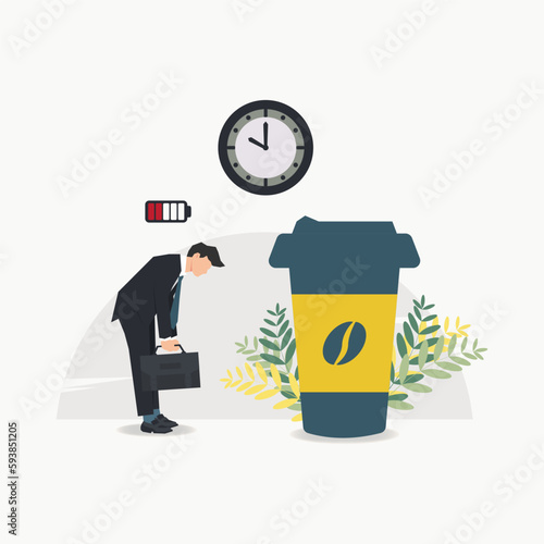 Vector tired businessman with coffee and clock. Coffee break time concept illustration