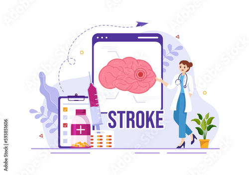 Human Brain Stroke Vector Illustration with Scientific Medical, Hemorrhage and Pain Point in Flat Cartoon Hand Drawn Landing Page Templates