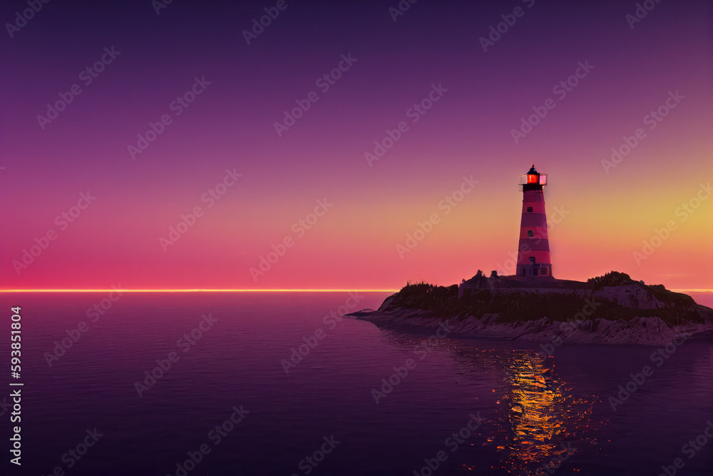 A lighthouse above a beach at colorful sunset, long exposure, generative AI