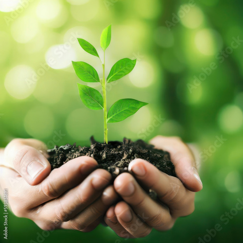 Environment Earth Day, hands holding tree seedlings, generative AI