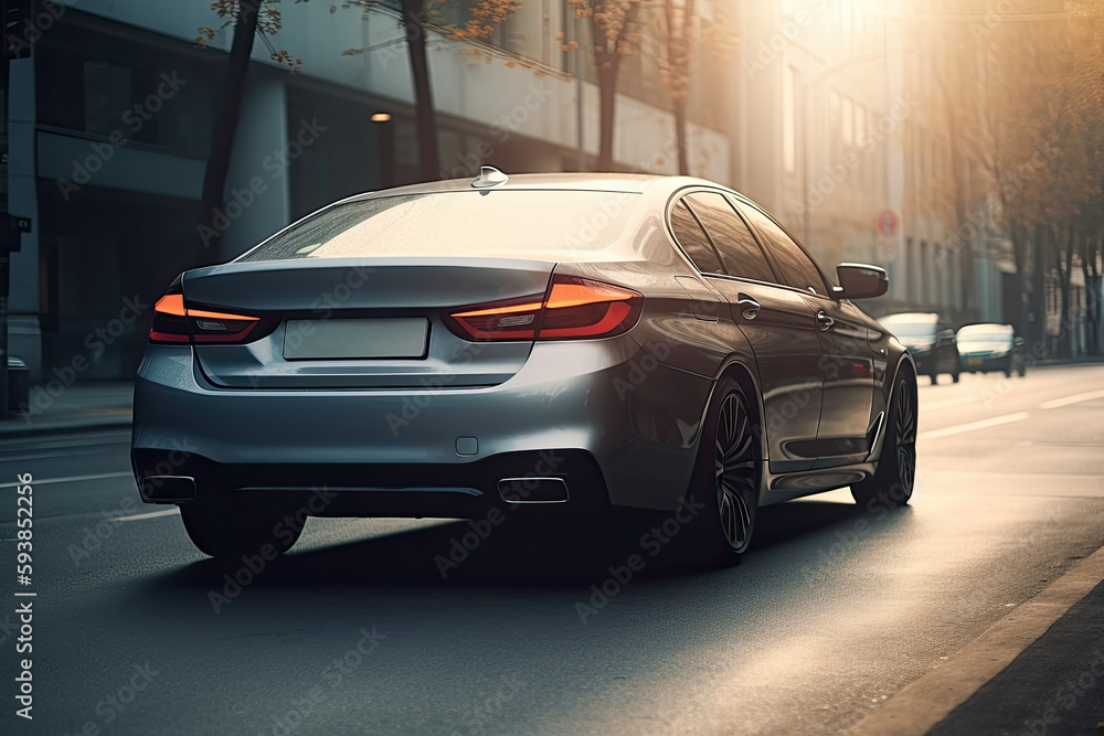 Naklejka premium Sedans drive on streets in the middle of the city. rear view 