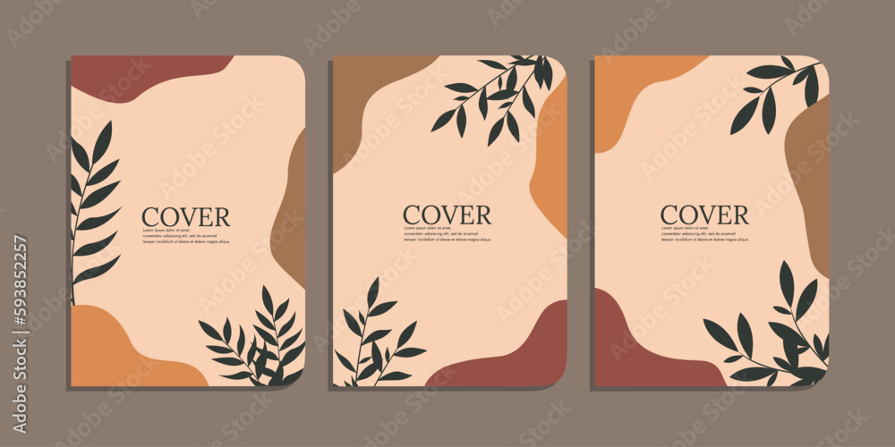 set of book cover designs with hand drawn foliage decorations. abstract retro botanical background.size A4 For notebooks, diary, schoolbook, planners, brochures, books, catalogs