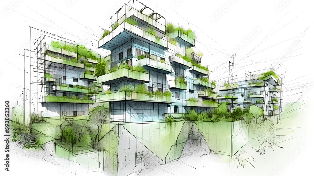 Sketch of a sustainable residential complex with green roofs, vertical gardens, and rainwater harvesting - Generative AI