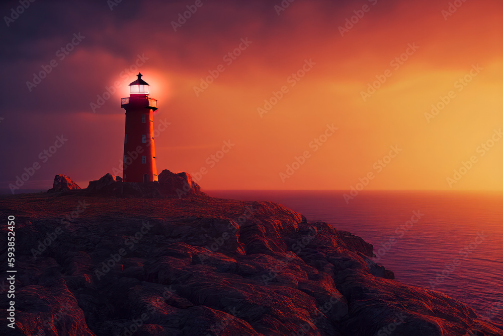 A lighthouse above a beach at colorful sunset, long exposure, generative AI