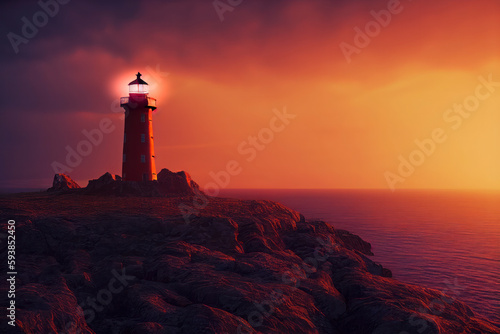 A lighthouse above a beach at colorful sunset  long exposure  generative AI