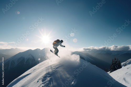 Snowboarder in a jump on a high mountain, Freerider running downhill in beautiful landscape, sunlight, AI Generative. © bondarillia