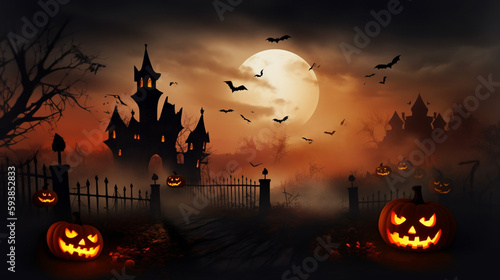 halloween scene horror background with creepy pumpkins of spooky halloween haunted mansion Evil houseat night with full moon, Generative AI. photo