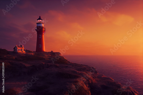 A lighthouse above a beach at colorful sunset, long exposure, generative AI