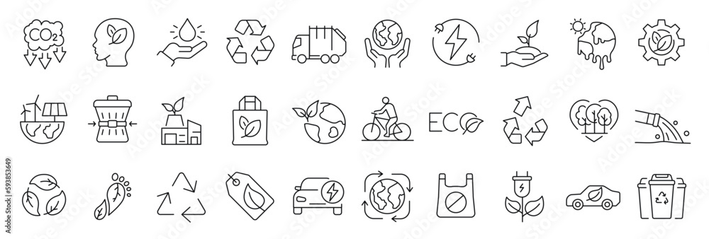 Set of 30 thin line icons related to sustainability, environmental, ecological, recyling, green, organic, industry. Linear ecology simple symbol collection.  vector illustration. Editable stroke - obrazy, fototapety, plakaty 