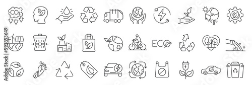 Set of 30 thin line icons related to sustainability  environmental  ecological  recyling  green  organic  industry. Linear ecology simple symbol collection.  vector illustration. Editable stroke
