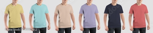 Bright t-shirt template on posing young guy in black jeans, isolated on background in studio, front view.