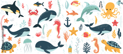 Fotografiet marine life set, whale, fish, dolphin isolated, vector