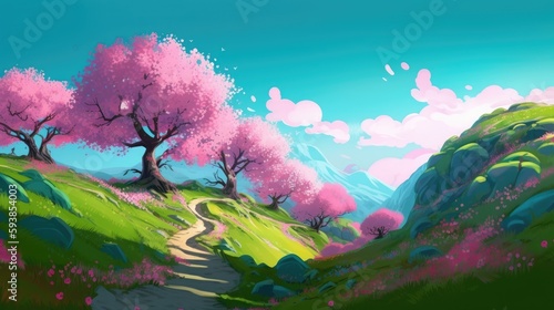 Beautiful art illustration of Sakura blossom landscape cartoon painting style generative ai 