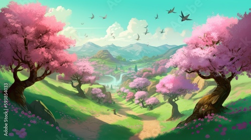 Beautiful art illustration of Sakura blossom landscape cartoon painting style generative ai 