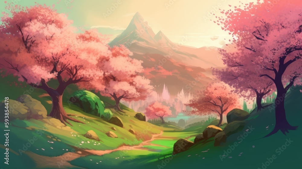 Beautiful art illustration of Sakura blossom landscape  cartoon painting style generative ai	