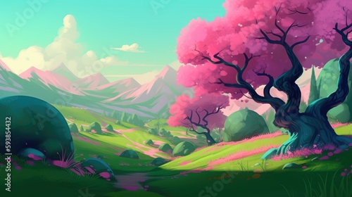 Beautiful art illustration of Sakura blossom landscape cartoon painting style generative ai 