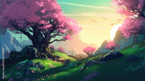Beautiful art illustration of Sakura blossom landscape  cartoon painting style generative ai  © Roman