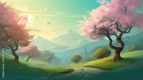 Beautiful art illustration of Sakura blossom landscape cartoon painting style generative ai 