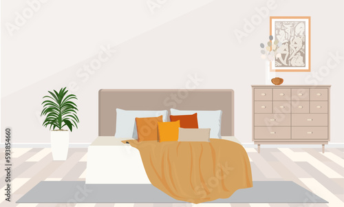 Stylish interior of contemporary room with comfortable bed