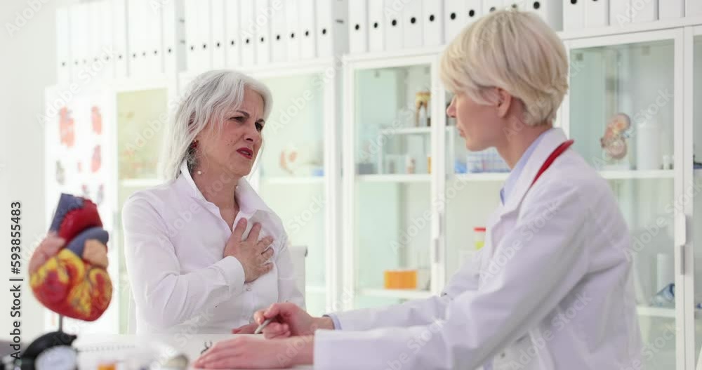 Elderly woman sees cardiologist because of heart disease and hypertension. Ischemic heart disease in elderly Elderly woman sees cardiologist because of heart disease and hypertension. Ischemic heart disease in elderly