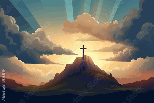 Fotografia cartoon illustration of a sky over golgotha hill is shrouded in majestic light a