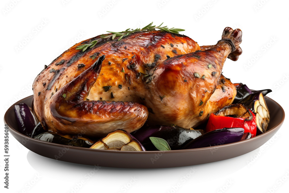 A whole grilled chicken with a side of grilled eggplant A whole grilled chicken with a side of grilled eggplant
