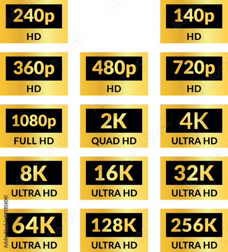 4K 2K 8K 1080p 720p 16K UHD Quad HD Full HD and HD resolution presentation nameplates of gold and silver gradient color on black background. TV or mobile symbols and icons of different colors. Vector  photo