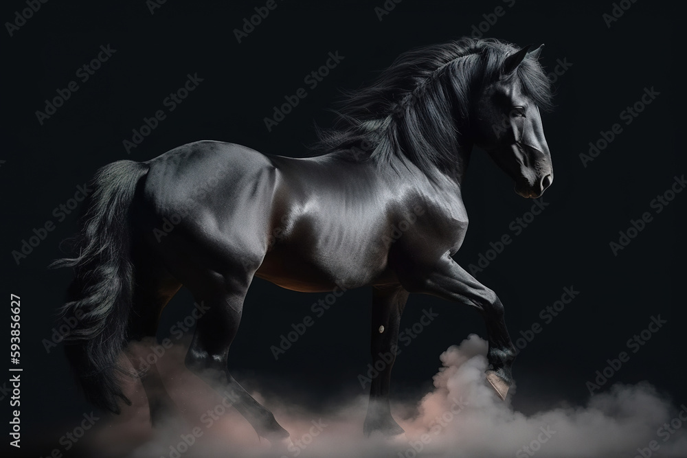 Gorgeous stallion on black background, stunning illustration generated by Ai