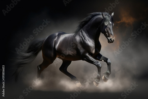 Gorgeous horse galloping through the clouds of smoke and dust, stunning illustration generated by Ai