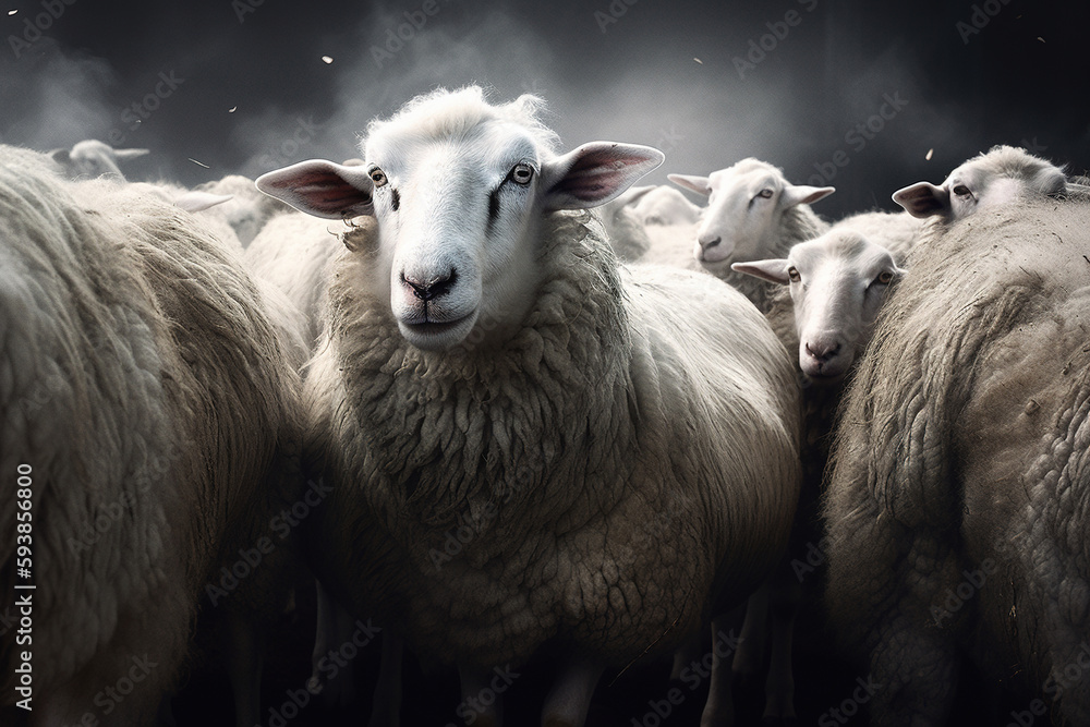 Fototapeta premium Portrait of a sheep in the middle of herd, dramatic photorealistic illustration generated by Ai