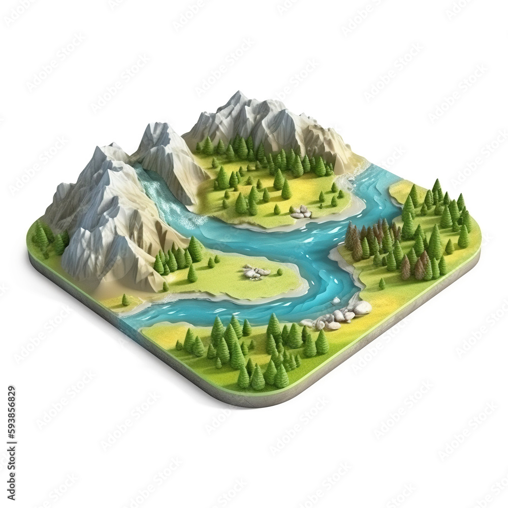 River in the mountains, beautiful cartoon landscape, isometric diorama isolated on white background. Generative art