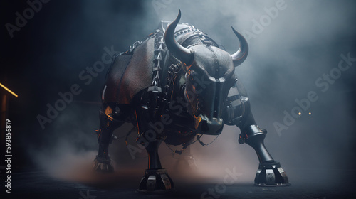 Robotic massive bull in the clouds of dust, steampunk style. Generative art © Cheport