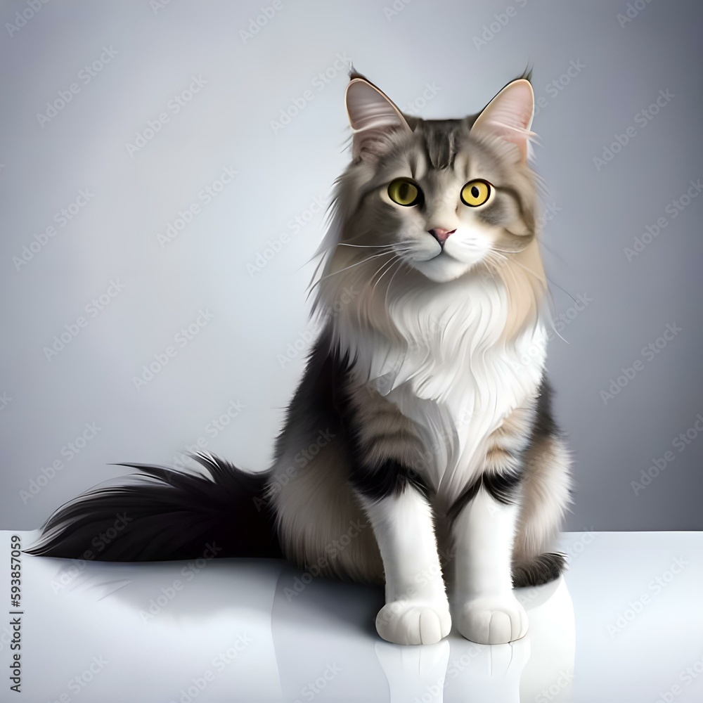 a long haired gray and white cat sitting on a white surface looking at the camera with a serious look on its face and eyes a long haired gray and white cat sitting on a white surface looking at the camera with a serious look on its face and eyes