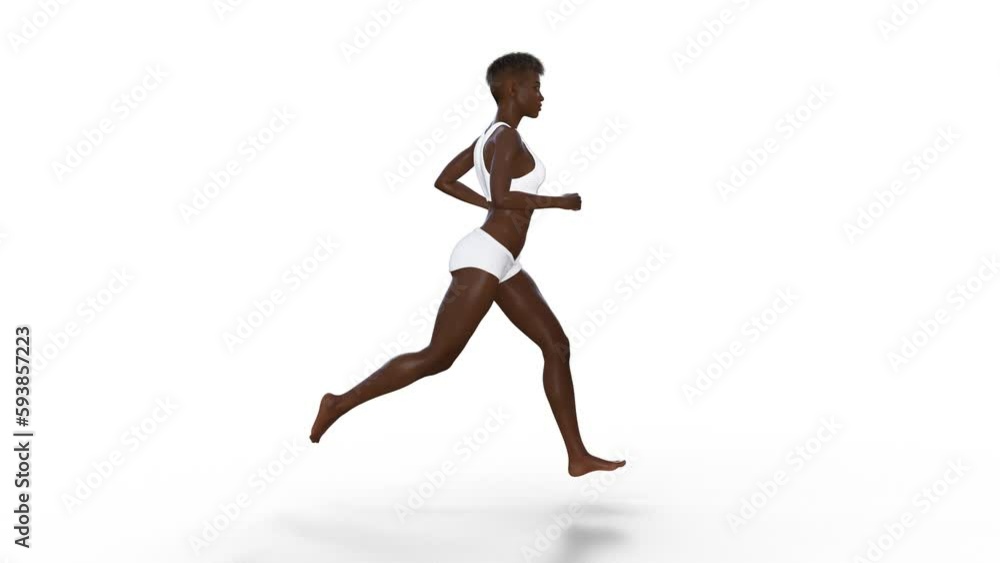 Running dark-skinned woman in sports bikini side view on a black white background 3d render Seamless Loop Animation Running dark-skinned woman in sports bikini side view on a black white background 3d render Seamless Loop Animation