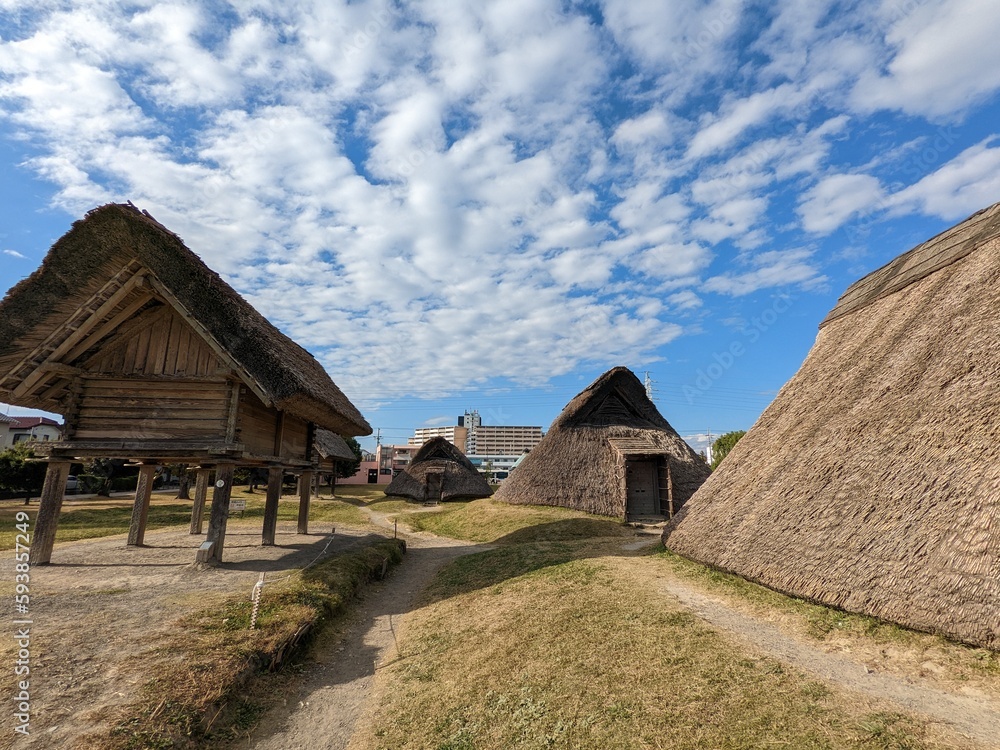 日本の静岡県静岡市の登呂遺跡で撮影した、弥生時代の住居跡と倉庫跡の風景