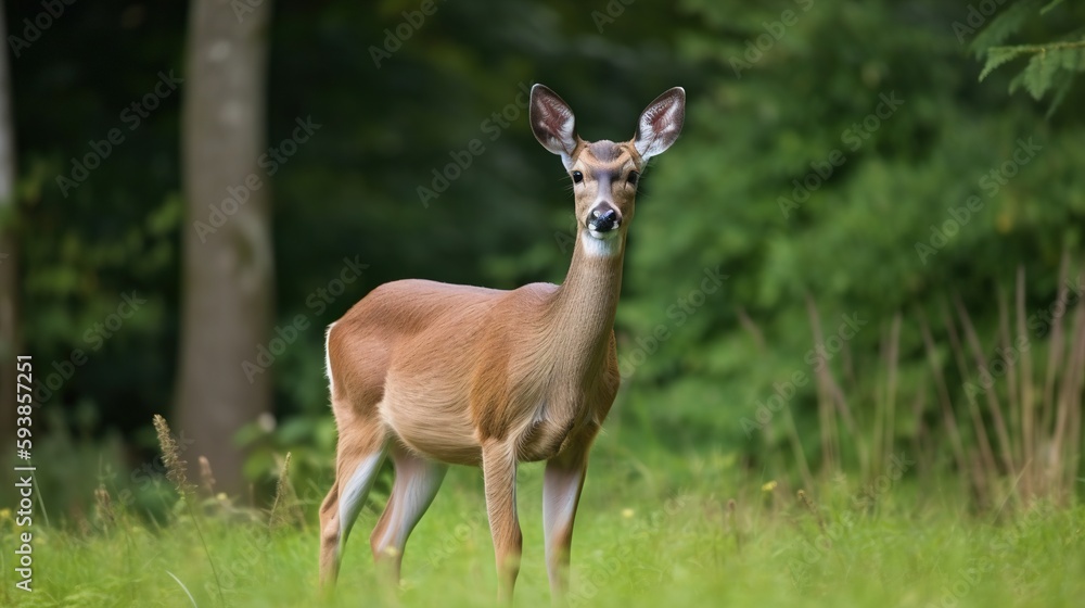 Photo of young deer look in camera in the park wildlife. Green meadow at forest. Generative ai Photo of young deer look in camera in the park wildlife. Green meadow at forest. Generative ai