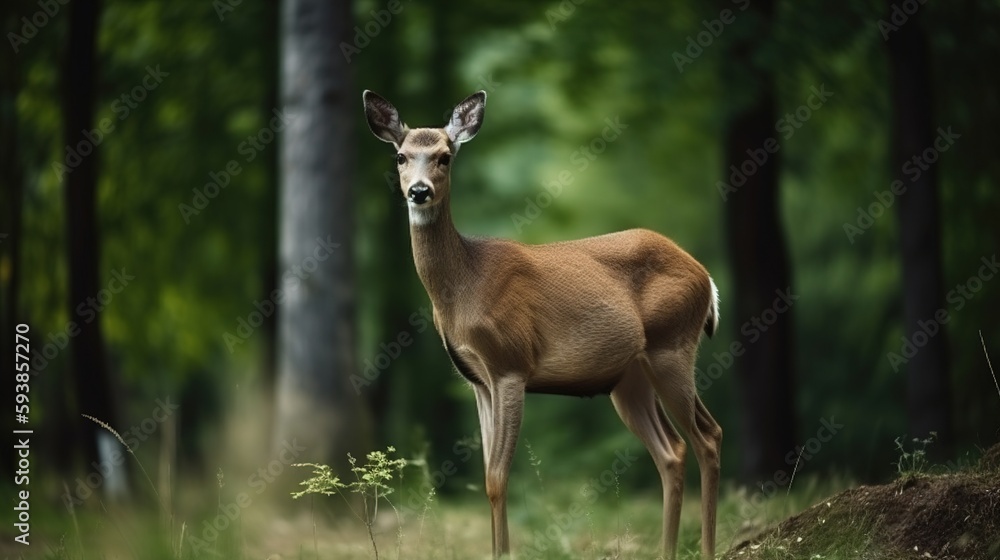 Photo of young deer look in camera in the park wildlife. Green meadow at forest. Generative ai Photo of young deer look in camera in the park wildlife. Green meadow at forest. Generative ai