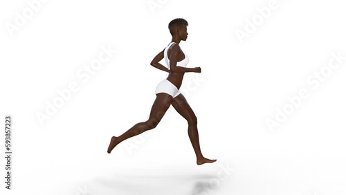 Running dark-skinned woman in sports bikini side view on a black white background 3d render Seamless Loop Animation