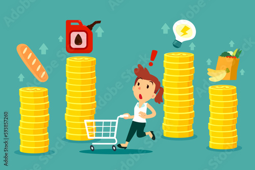 woman with shopping cart look at price for goods rising