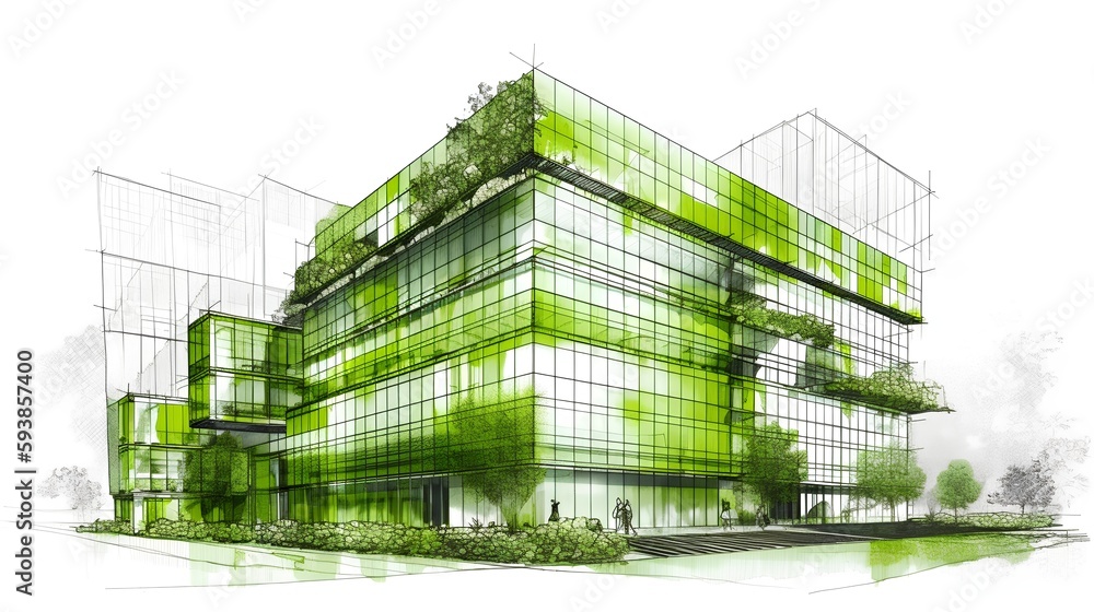 Sustainable office building sketch showcasing green roofs, energy-efficient windows, and green facade - Generative AI - obrazy, fototapety, plakaty 