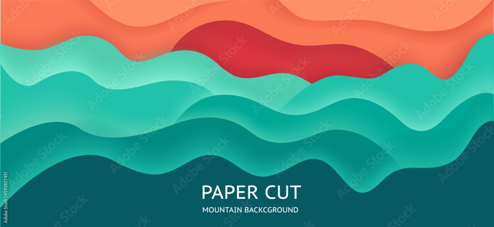 Paper cut abstract mountain landscape. Green sunset background Paper cut abstract mountain landscape. Green sunset background