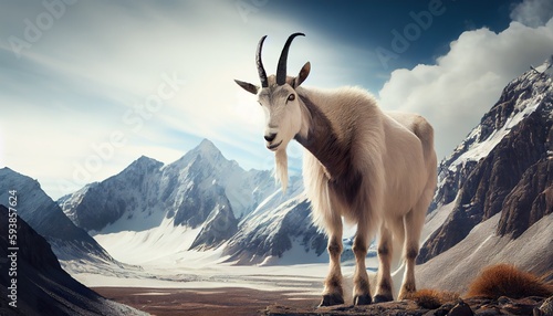 Portrait mountain white goat. Goat stand on the rock. Mountains on background. Look at camera. Generative ai © Svfotoroom
