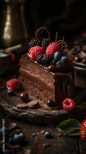 Slice of Chocolate Cake with Chocolate Glaze and Berries - Generative AI