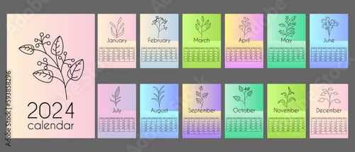 Abstract calendar of 2024 in vertical A4 format.12 months and cover. Gradients background with linear floral elements. With place for notes. Week starts on Monday.