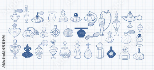 Collection of doodle vintage perfume bottles on lined paper background. Vector sketch illustration