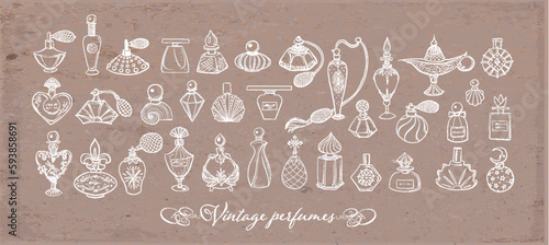 Collection of doodle vintage perfume bottles on brown parcel paper background. Vector sketch illustration