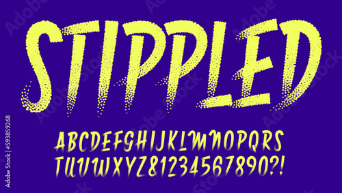 A casual script style alphabet with the effect of stippled or dot pattern strokes that fade at the ends.