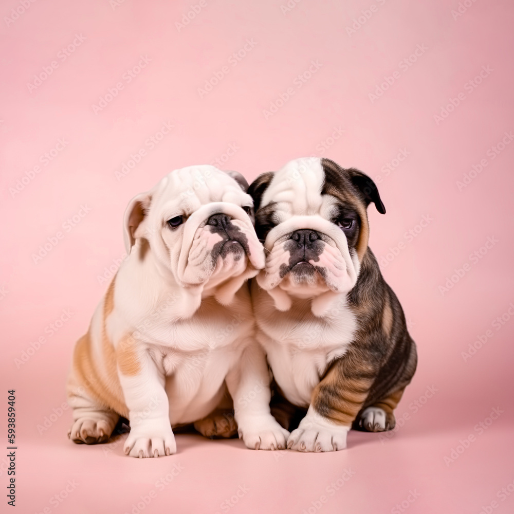 Animal creative minimal love concept of a small cute animals on a pastel pink background. Cute little couple baby dog puppies. Illustration, Generative AI.
