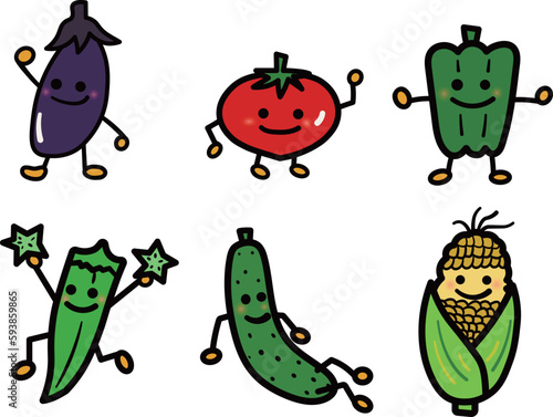 かわいい夏野菜たちのキャラクターポーズ集（主線あり）